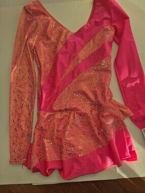 Mondor Figure Skating Dress Sparkle Pink & Coral Women Large NWT long Sleeves